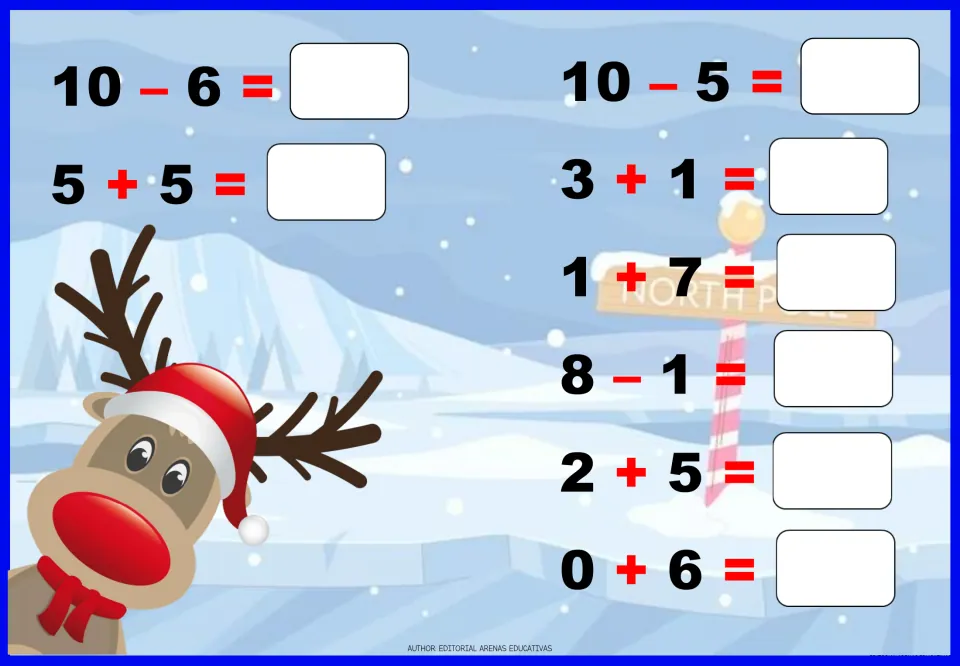 Facts using 10 and 0: students solve 10 items including 5 + 5, 10 - 6, 10 - 5, 0 + 6 and 1 + 7 beside a reindeer