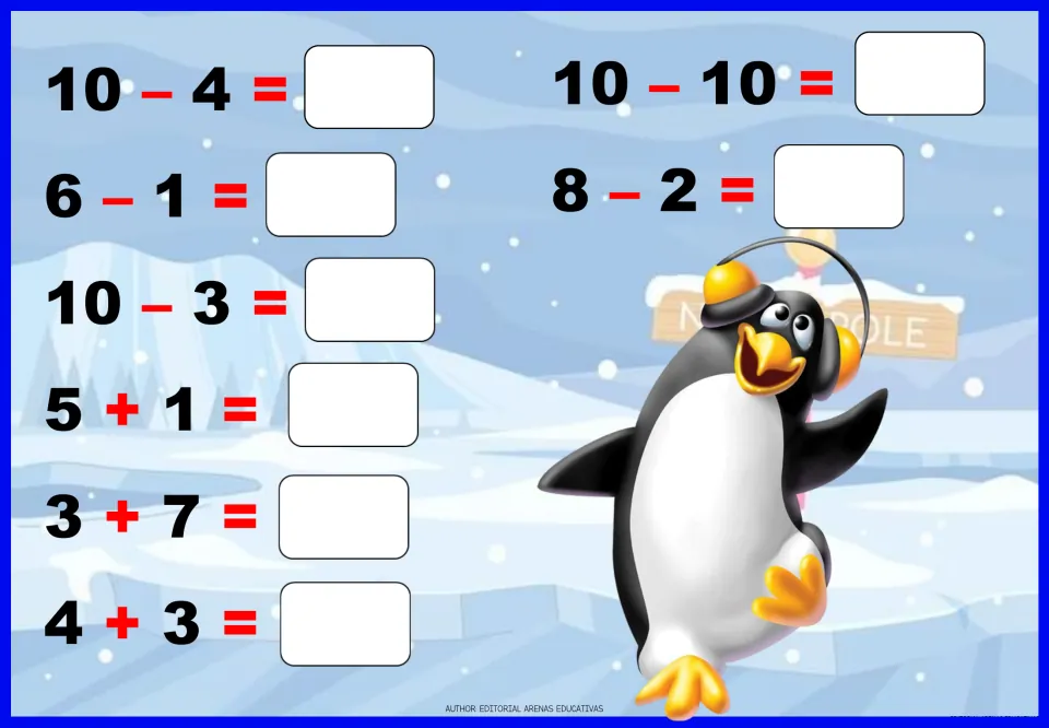 Subtracting from 10 and adding: students answer 10 facts such as 10 - 4, 10 - 3, 10 - 10, 5 + 1 and 4 + 3 by a penguin