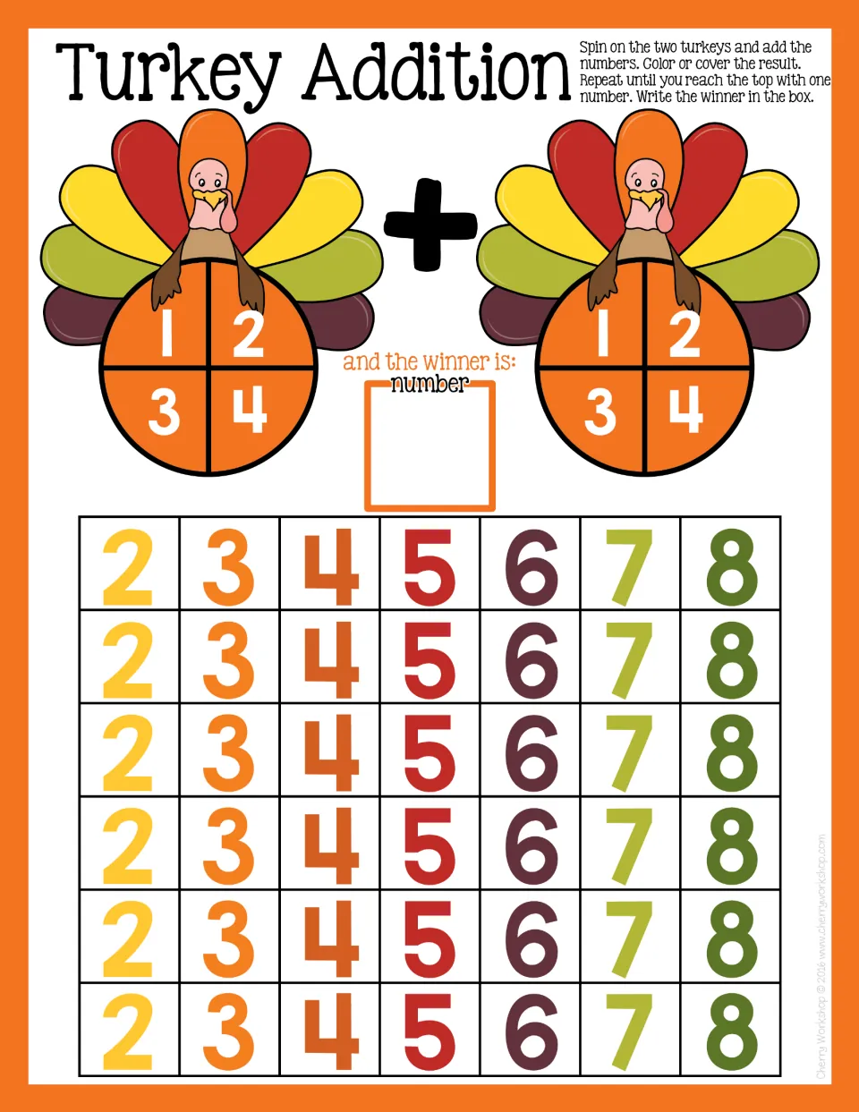 Turkey Addition game: students spin two turkeys numbered 1 to 4, add the numbers and color or cover sums from 2 to 8