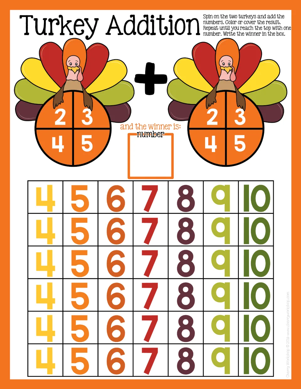 Turkey Addition game: two spinners numbered 2 to 5; students add the pair and cover sums 4 to 10 until one number wins