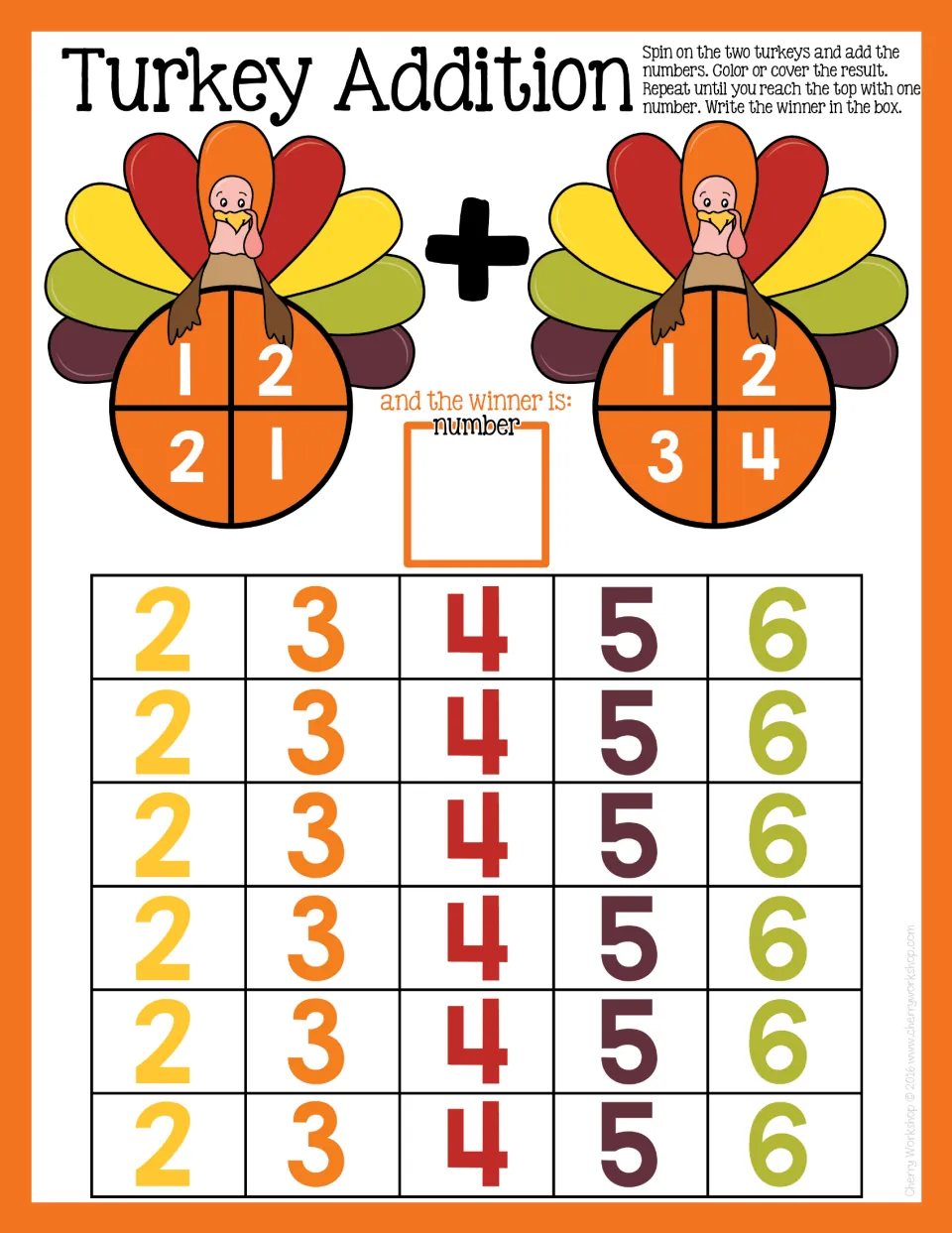 Turkey Addition game: one spinner shows 1 and 2, the other 1 to 4; students add and color sums 2 to 6 to see which wins