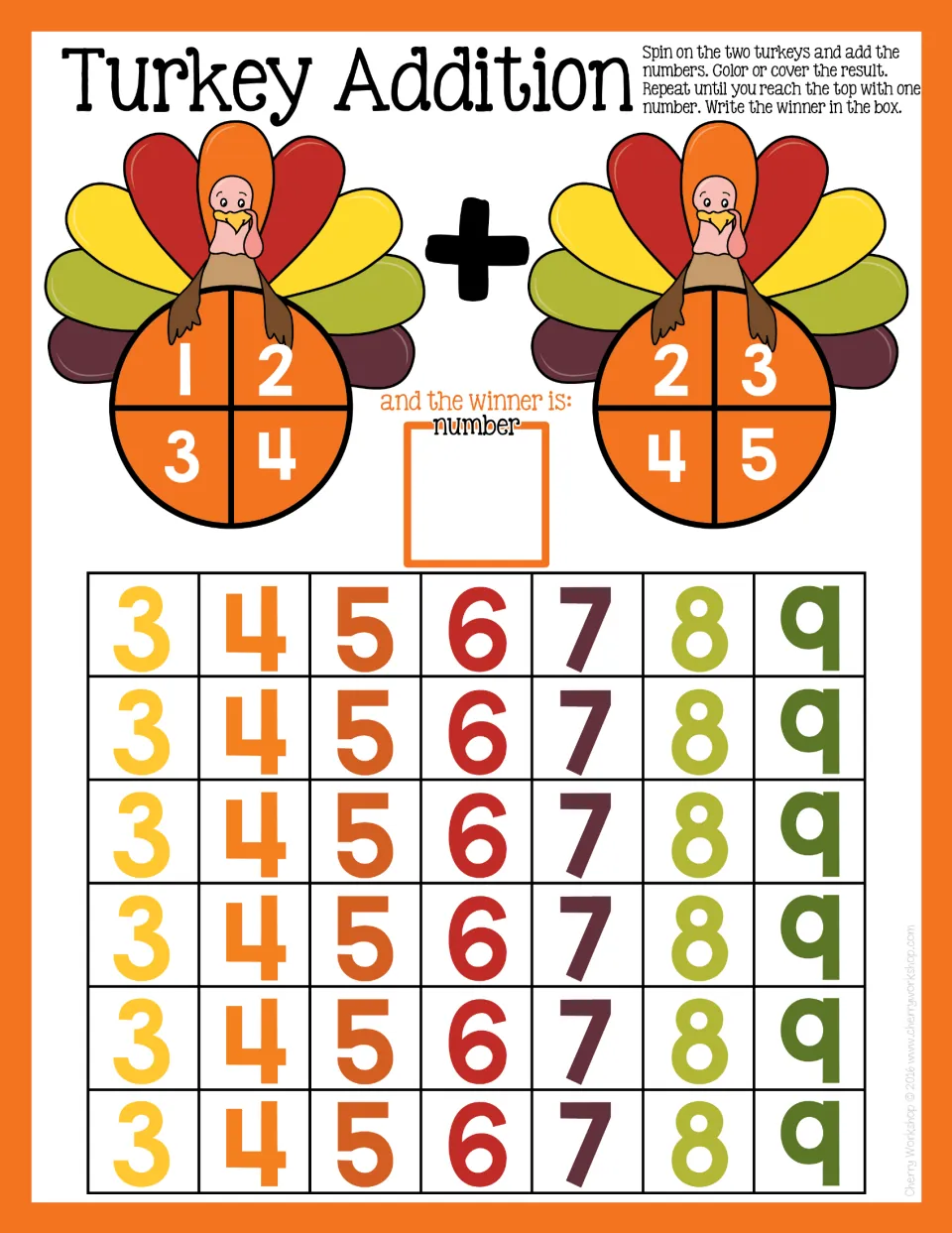Turkey Addition game: students spin 1 to 4 on one and 2 to 5 on the other, add, and cover sums 3 to 9 to pick a winner