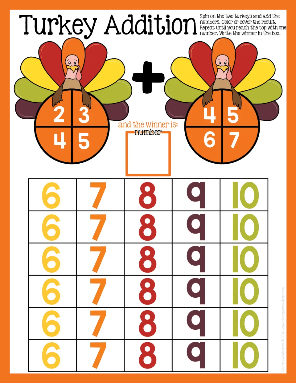 Turkey Addition game: spinners show 2 to 5 and 4 to 7; students add both numbers and color sums 6 to 10 until one wins