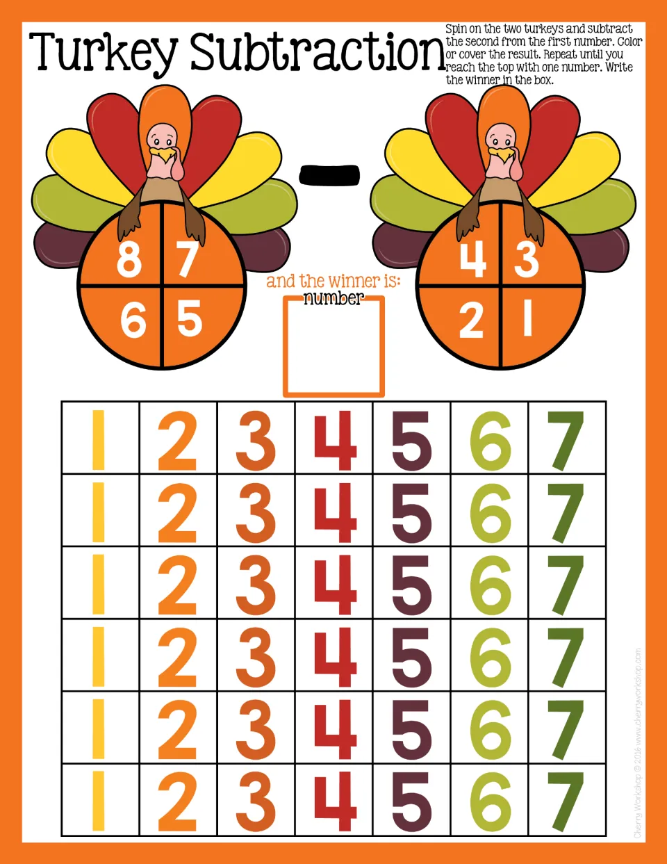 Turkey Subtraction game: students spin 5 to 8 and 1 to 4, take the second from the first and cover differences 1 to 7