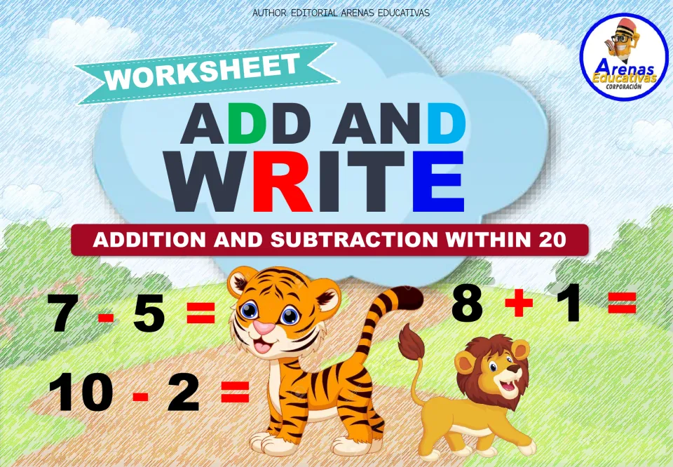 Cover labeled 'Add and Write' and 'Addition and Subtraction Within 20,' with examples 7 - 5 and 8 + 1