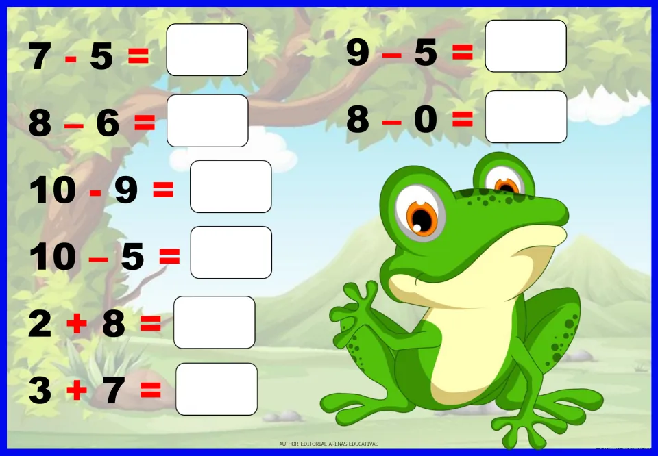 Addition and subtraction worksheet 1: eight problems to solve, including 7 - 5, 8 - 6, 10 - 9 and 2 + 8