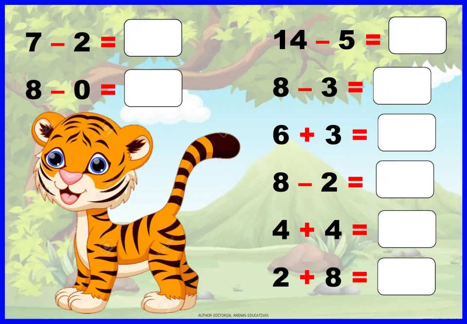 Addition and subtraction worksheet 2: eight problems to solve, including 7 - 2, 8 - 0, 14 - 5 and 6 + 3