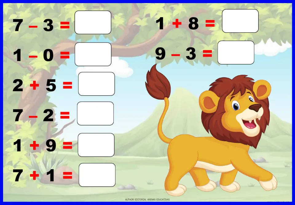 Addition and subtraction worksheet 3: eight problems to solve, including 7 - 3, 1 - 0, 2 + 5 and 1 + 9
