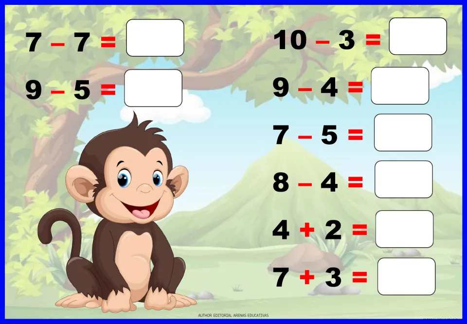 Addition and subtraction worksheet 4: eight problems to solve, including 7 - 7, 9 - 5, 10 - 3 and 4 + 2