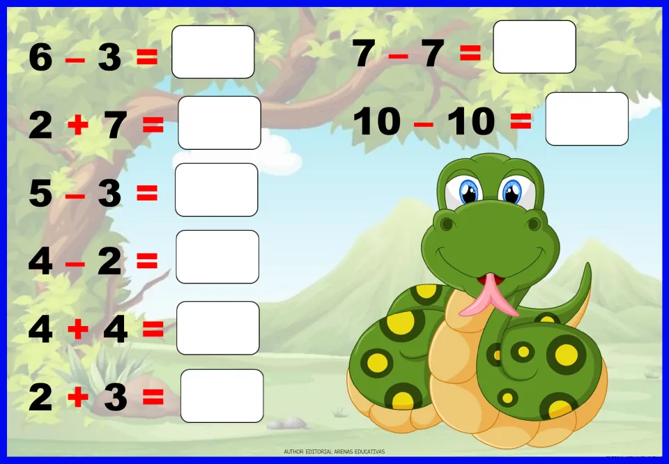 Addition and subtraction worksheet 5: eight problems to solve, including 6 - 3, 2 + 7, 7 - 7 and 10 - 10