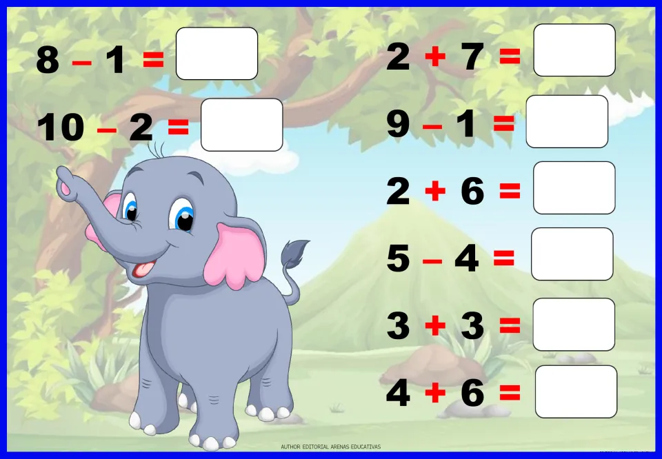 Addition and subtraction worksheet 6: eight problems to solve, including 8 - 1, 10 - 2, 2 + 7 and 4 + 6