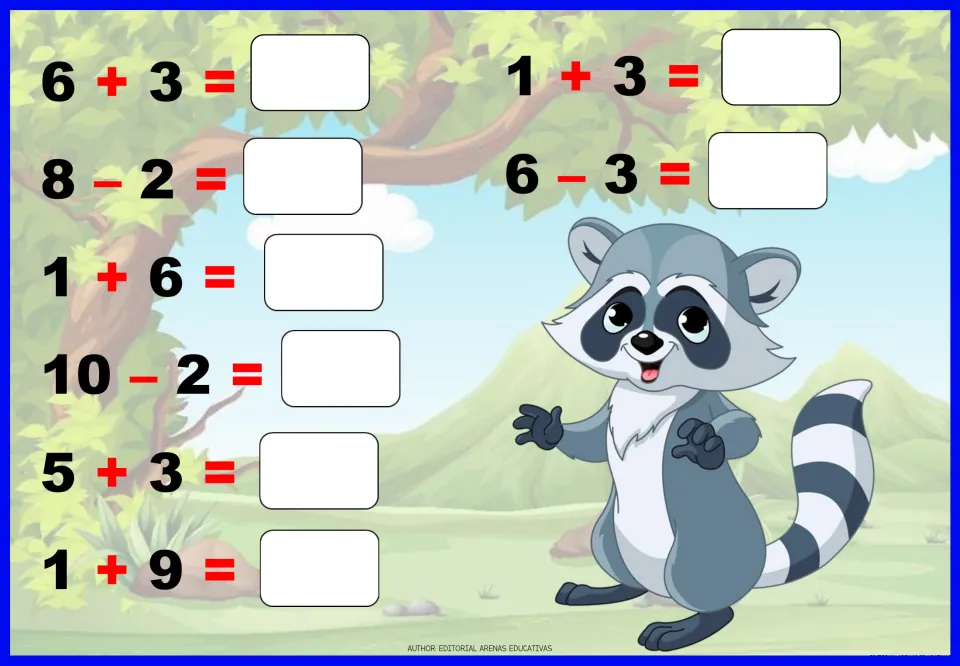 Addition and subtraction worksheet 7: eight problems to solve, including 6 + 3, 8 - 2, 1 + 6 and 10 - 2