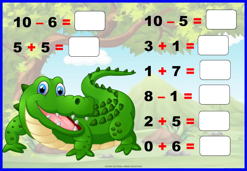 Addition and subtraction worksheet 8: eight problems to solve, including 10 - 6, 5 + 5, 3 + 1 and 0 + 6