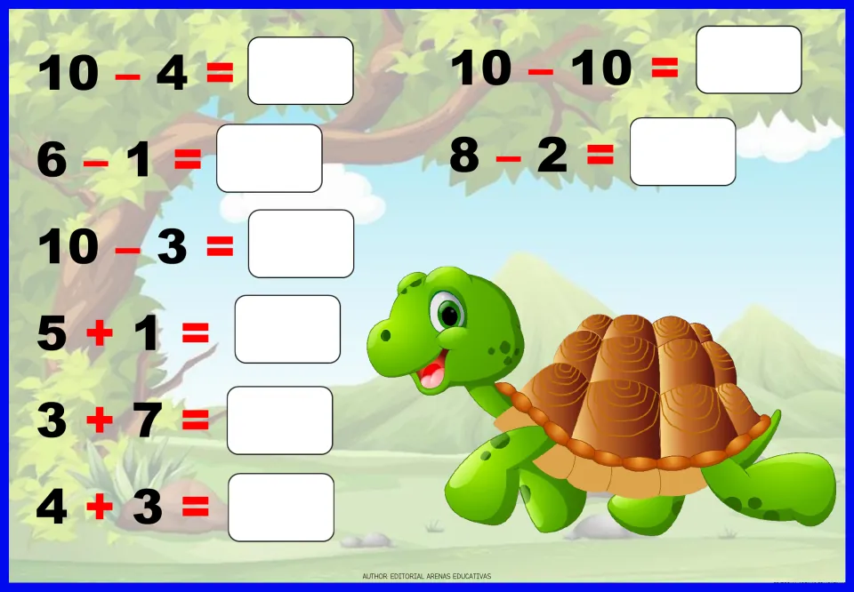 Addition and subtraction worksheet 9: eight problems to solve, including 10 - 4, 6 - 1, 5 + 1 and 10 - 10