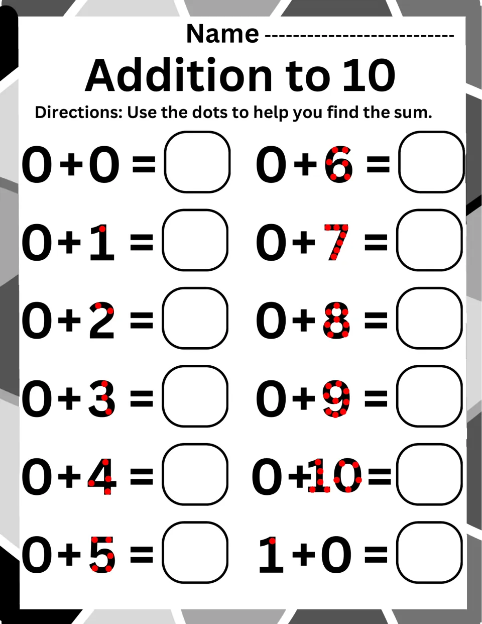 Addition to 10, adding zero: students count red touch dots on each numeral to solve 0 + 0 through 0 + 10 and 1 + 0