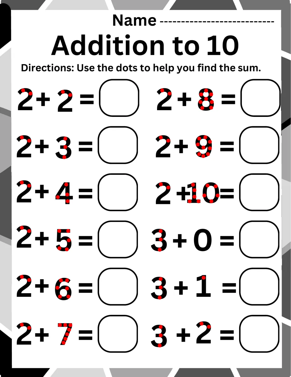Addition to 10, adding to 2 and 3: students use red touch dots on numerals to solve 2 + 2 to 2 + 10 and 3 + 0 to 3 + 2