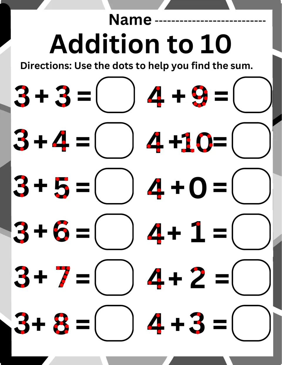 Addition to 10, adding to 3 and 4: students count touch dots on the numerals to solve 3 + 3 to 3 + 8 and 4 + 0 to 4 + 10