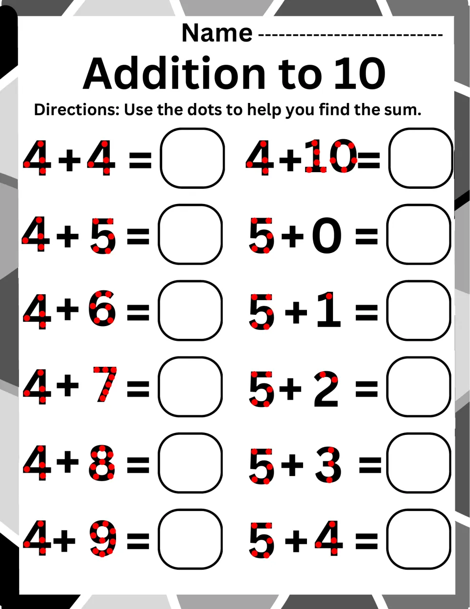 Addition to 10, adding to 4 and 5: students use the touch dots to find sums for 4 + 4 to 4 + 10 and 5 + 0 to 5 + 4