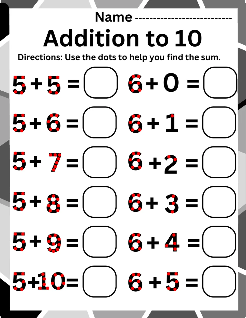 Addition to 10, adding to 5 and 6: students count touch dots on each numeral to solve 5 + 5 to 5 + 10 and 6 + 0 to 6 + 5