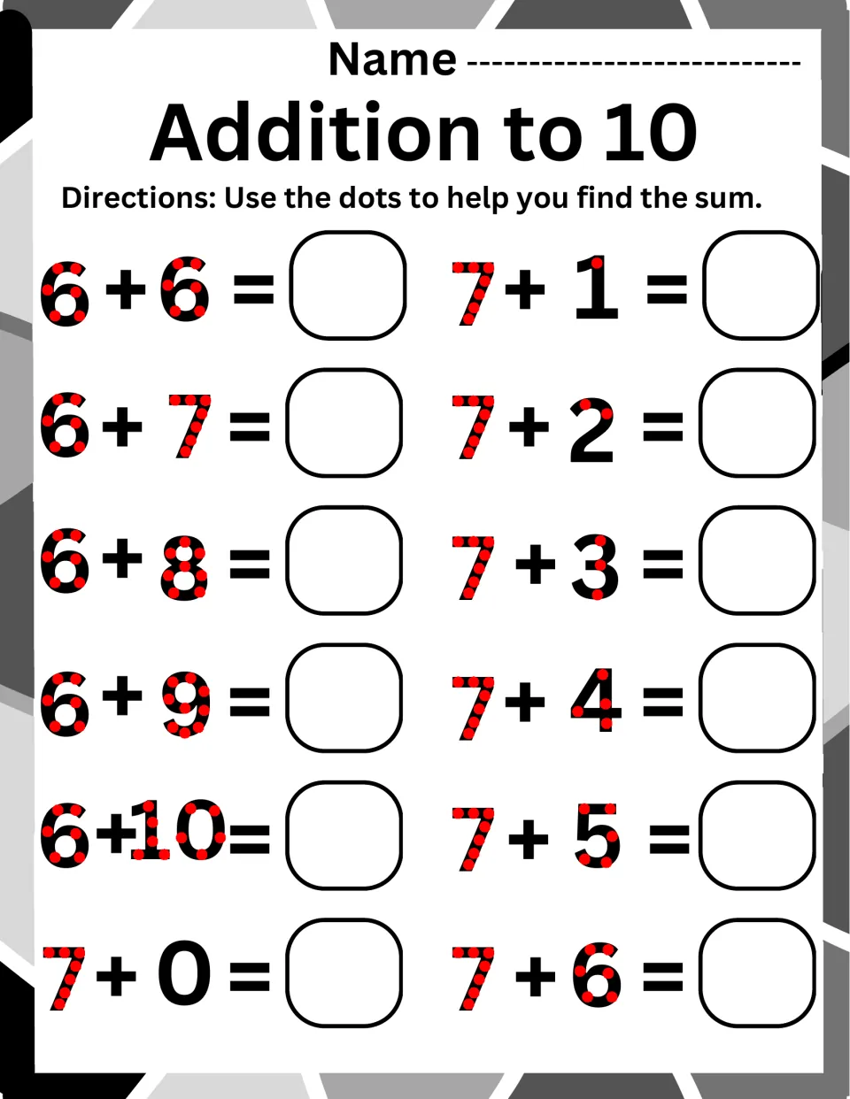 Addition to 10, adding to 6 and 7: students use red touch dots to find sums for 6 + 6 to 6 + 10 and 7 + 0 to 7 + 6