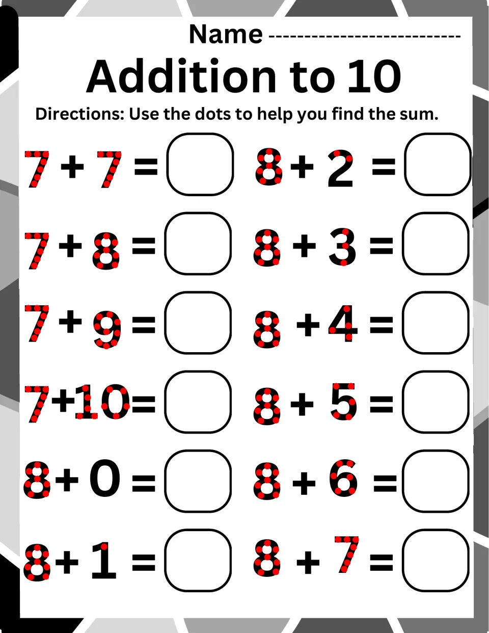 Addition to 10, adding to 7 and 8: students count the touch dots on numerals to solve 7 + 7 to 7 + 10 and 8 + 0 to 8 + 7