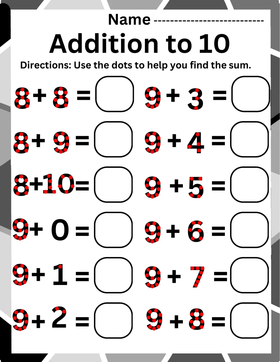 Addition to 10, adding to 8 and 9: students use touch dots on each numeral to solve 8 + 8 to 8 + 10 and 9 + 0 to 9 + 8