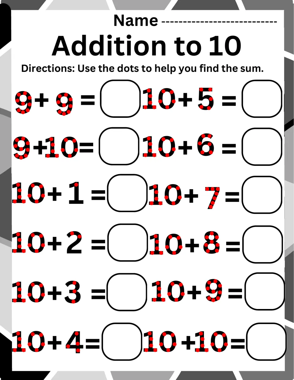 Addition to 10, adding to 9 and 10: students count touch dots to find sums for 9 + 9, 9 + 10 and 10 + 1 through 10 + 10