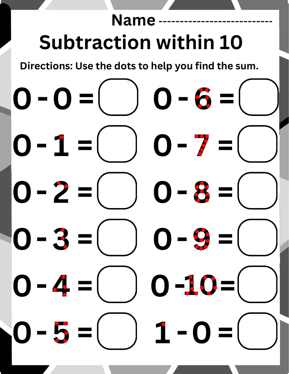 Subtraction within 10 with touch dots: students use red dots on the numerals to solve 0 - 0 through 0 - 10 and 1 - 0