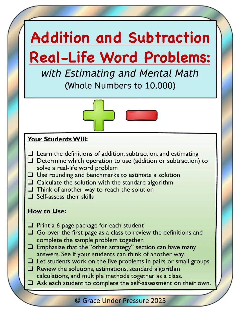 Cover for real-life addition and subtraction word problems to 10,000, listing student goals and how-to-use steps