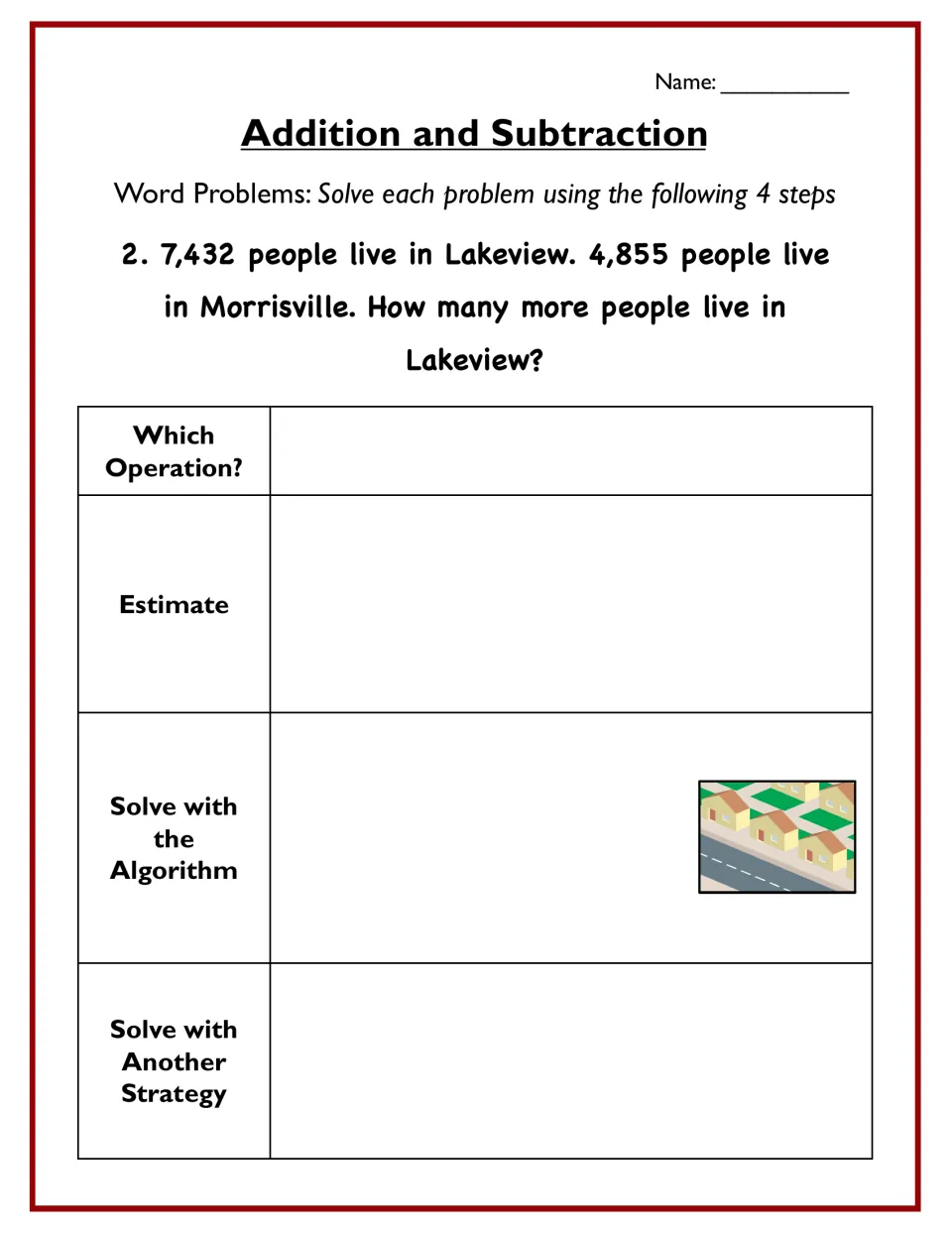 Problem 2 compares town populations of 7,432 and 4,855; students choose an operation, estimate and find the difference