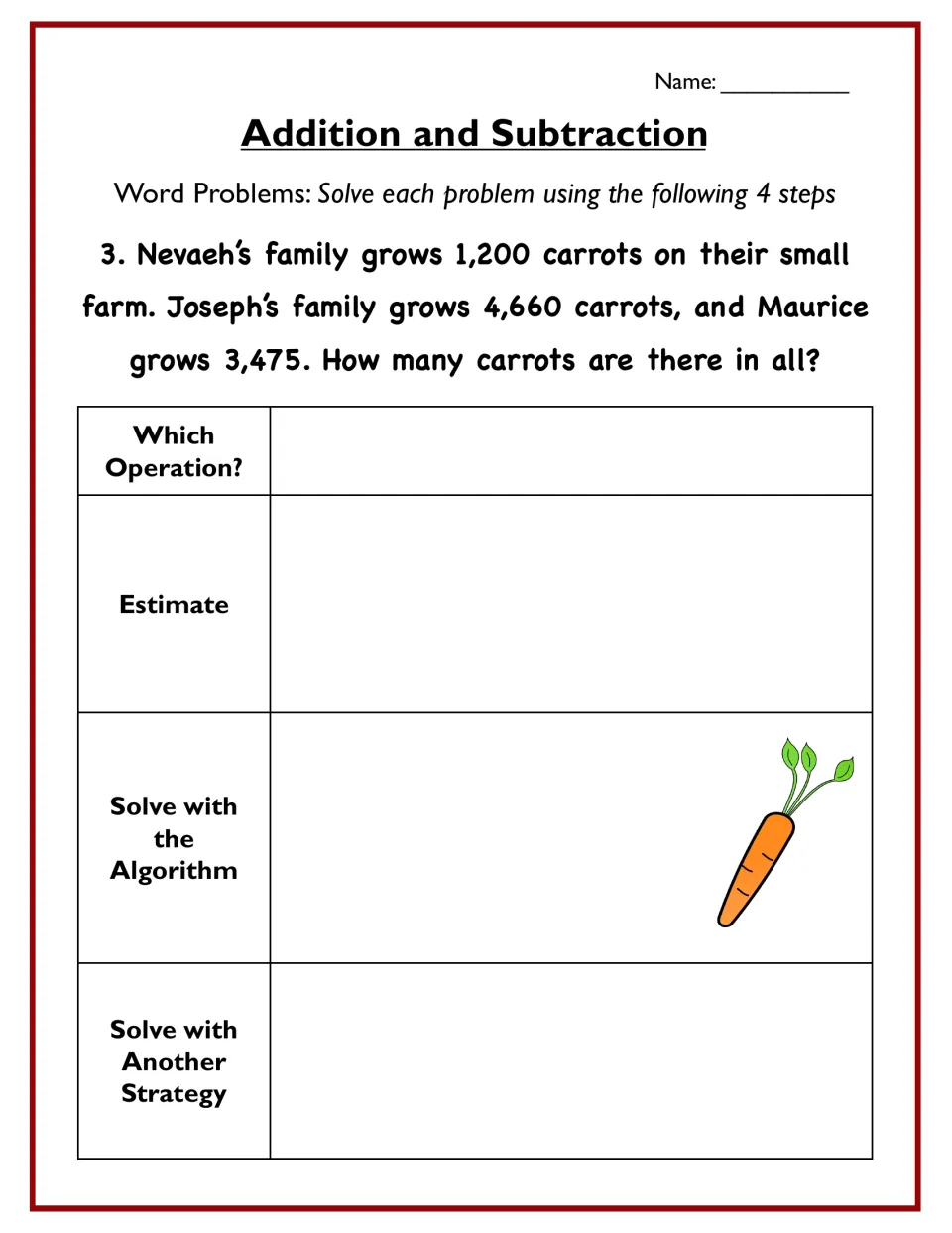 Problem 3 totals carrots from three farms, 1,200, 4,660 and 3,475, using rounding, the algorithm and a second strategy