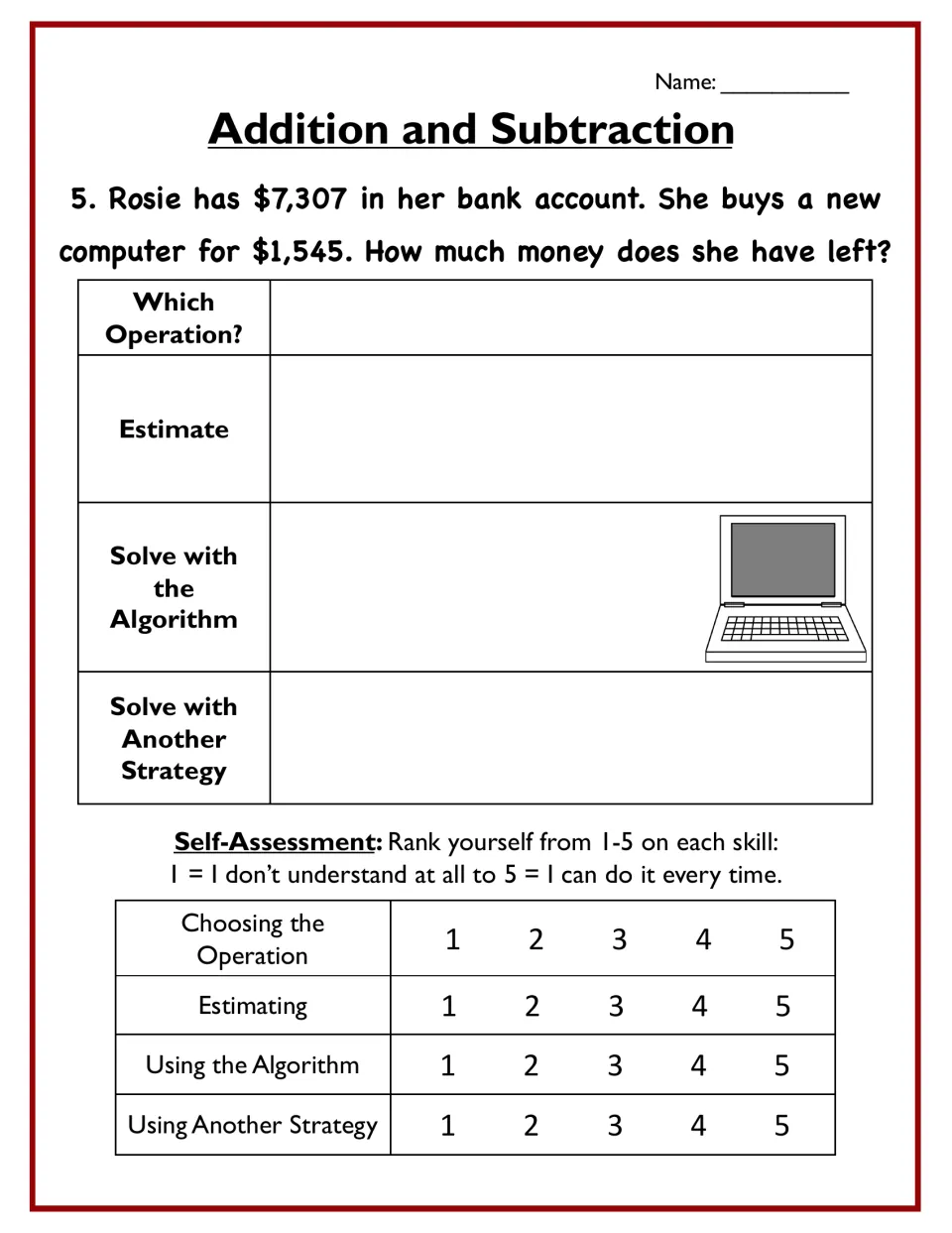 Problem 5 subtracts a $1,545 computer from $7,307 in the bank, followed by a 1 to 5 self-assessment of four solving skills
