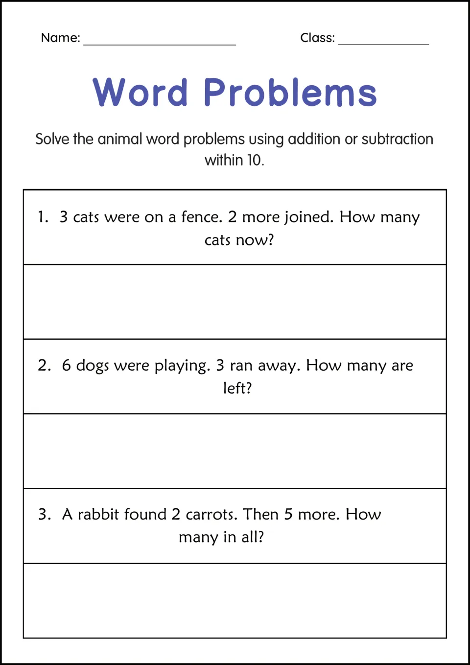Animal word problem practice: 3 cats plus 2 cats, 6 dogs minus 3 dogs, and 2 carrots plus 5 carrots