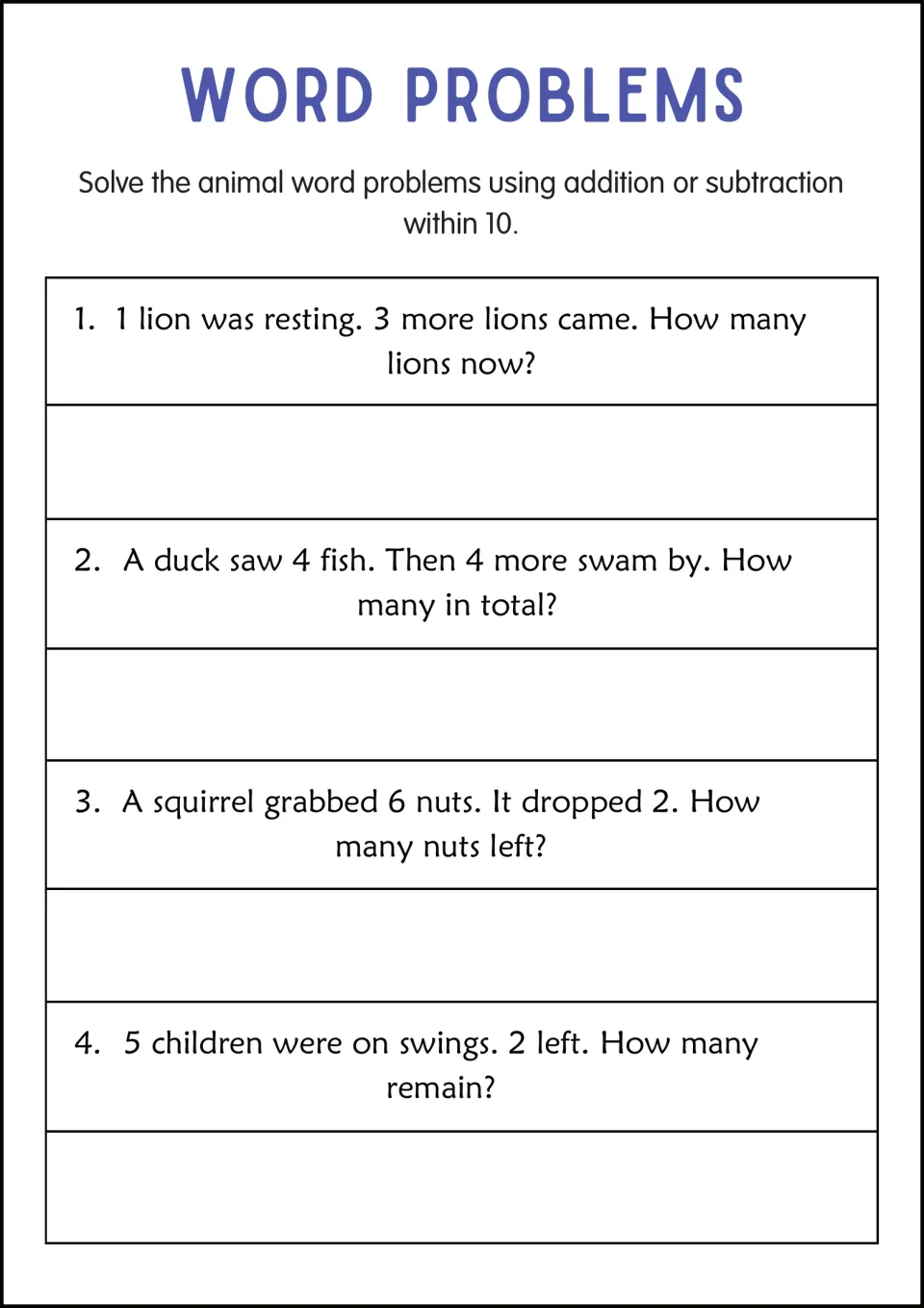 Word problem practice: 1 lion plus 3, 4 fish plus 4, 6 nuts minus 2, and 5 children on swings minus 2