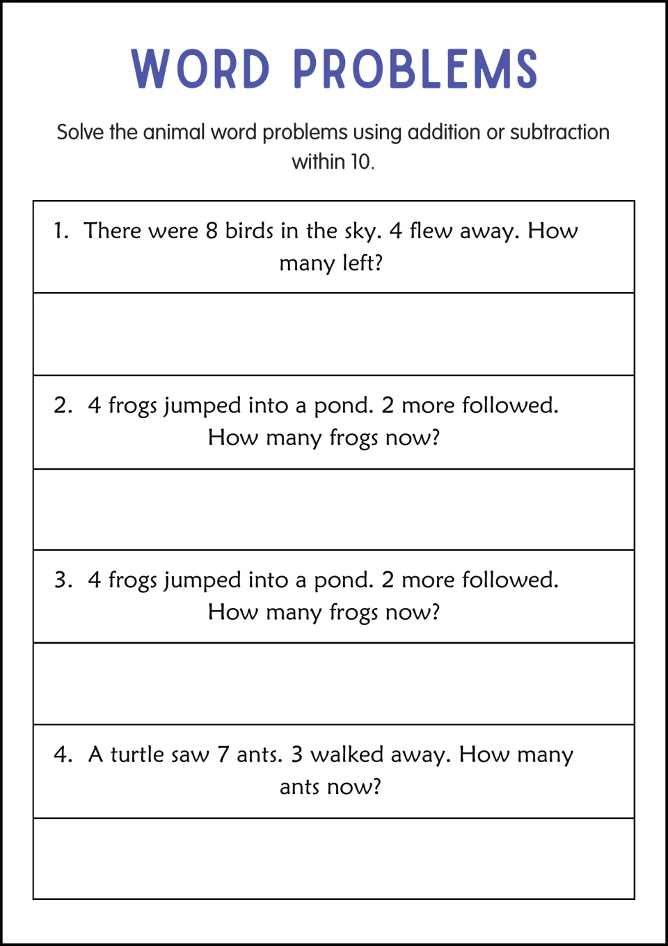 Animal word problem practice: 8 birds minus 4, two copies of the 4 frogs plus 2 story, and 7 ants minus 3