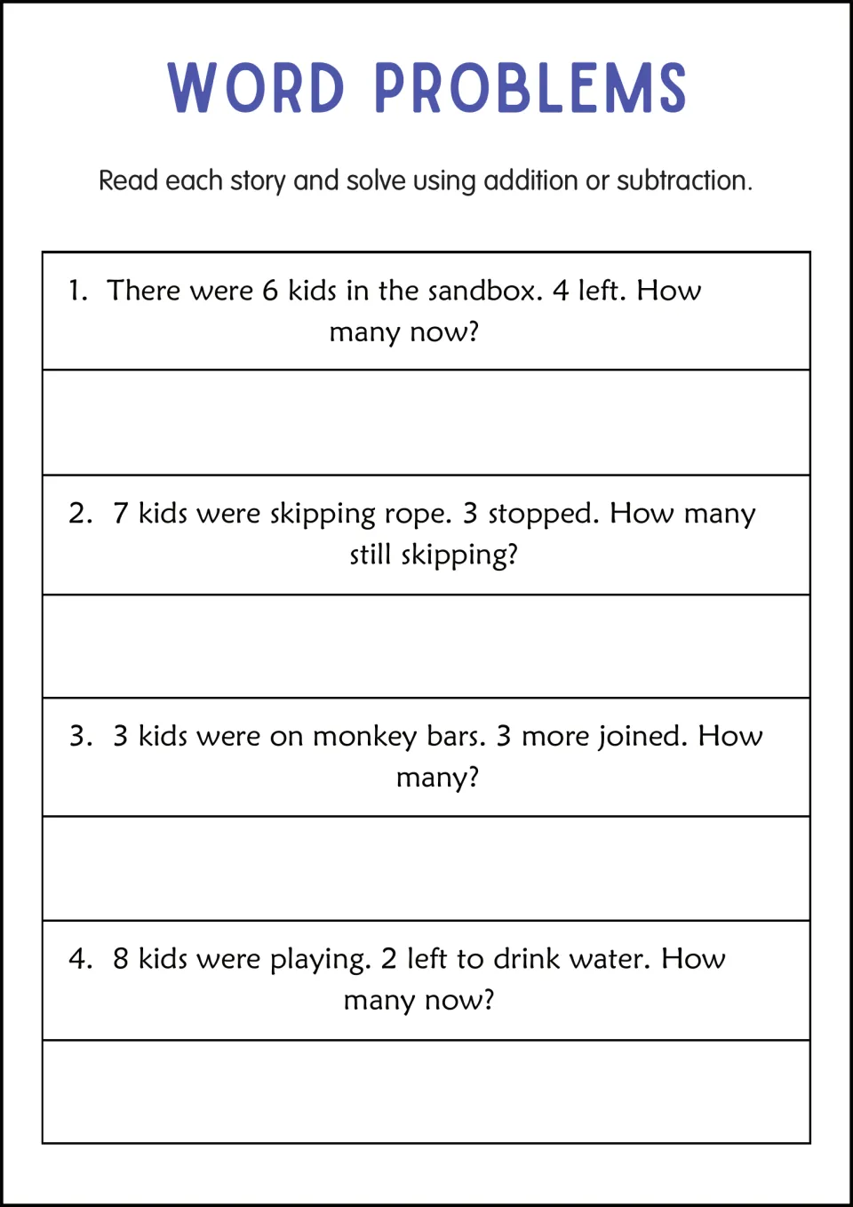 Playground word problem practice: 6 kids minus 4, 7 minus 3, 3 plus 3 on monkey bars, and 8 minus 2