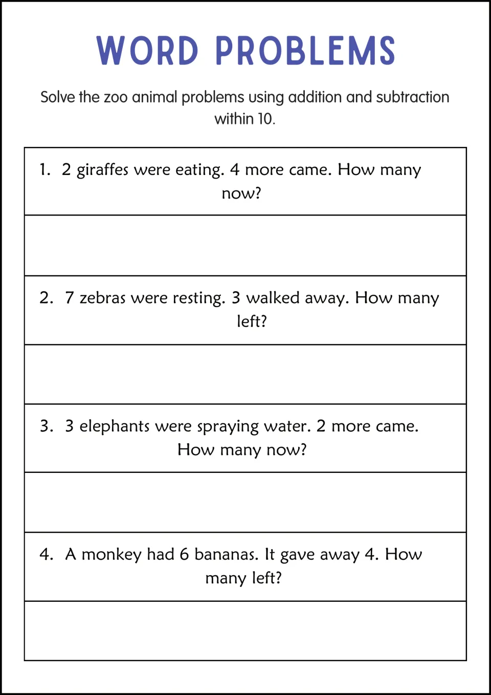 Zoo word problem practice: 2 giraffes plus 4, 7 zebras minus 3, 3 elephants plus 2, and 6 bananas minus 4