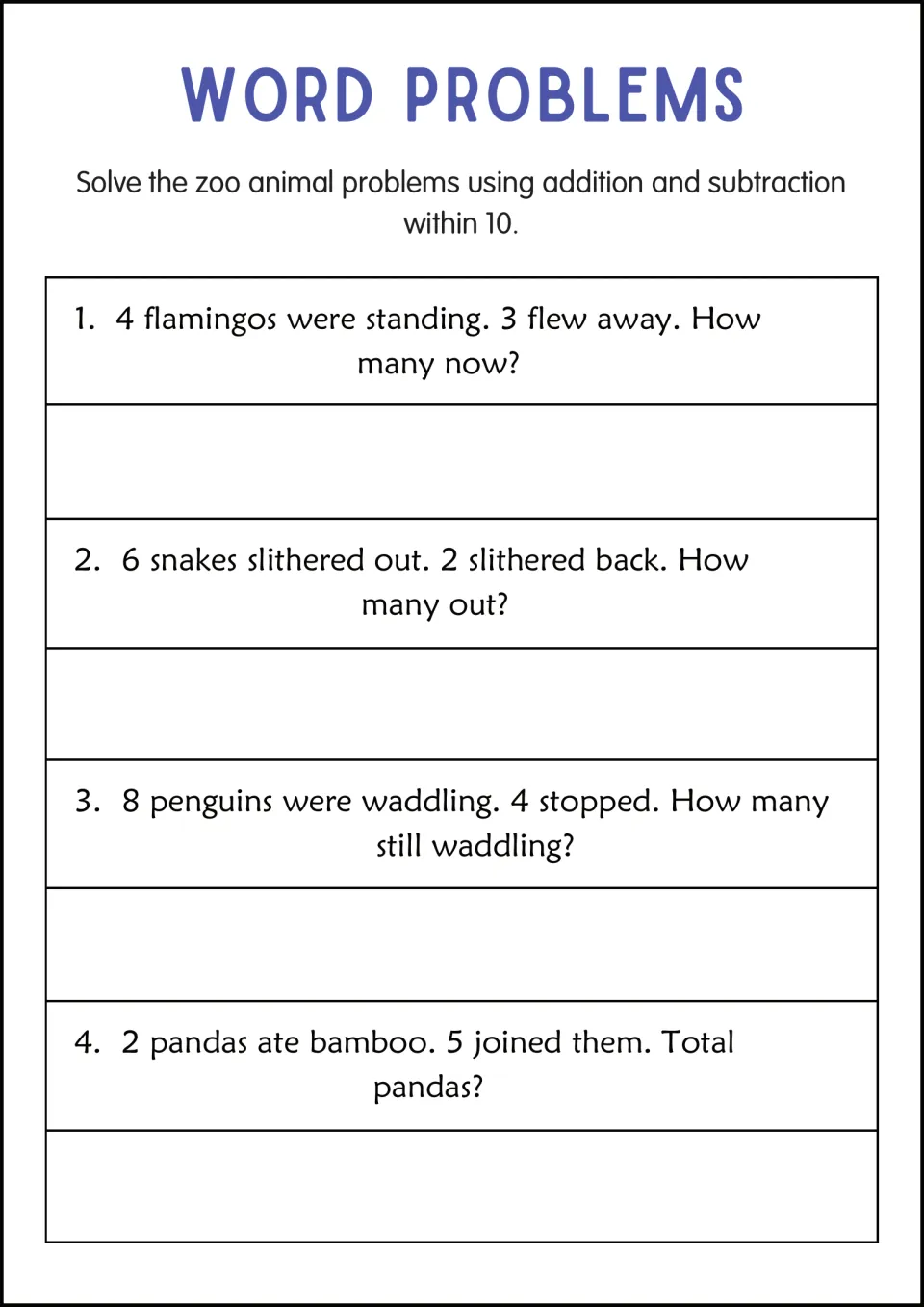 Zoo word problem practice: 4 flamingos minus 3, 6 snakes minus 2, 8 penguins minus 4, and 2 pandas plus 5