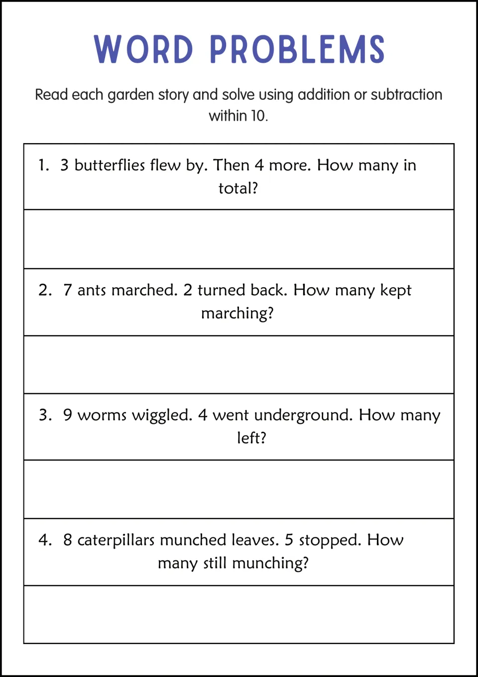 Garden word problem practice: 3 butterflies plus 4, 7 ants minus 2, 9 worms minus 4, and 8 caterpillars minus 5