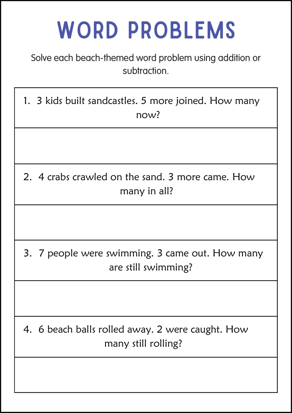 Beach word problem practice: 3 kids plus 5, 4 crabs plus 3, 7 swimmers minus 3, and 6 beach balls minus 2