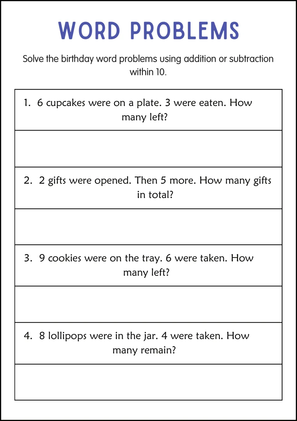 Birthday word problem practice: 6 cupcakes minus 3, 2 gifts plus 5, 9 cookies minus 6, and 8 lollipops minus 4