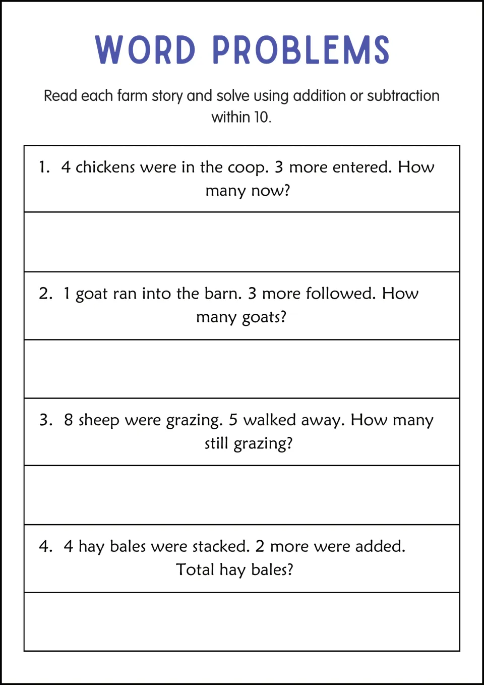 Farm word problem practice: 4 chickens plus 3, 1 goat plus 3, 8 sheep minus 5, and 4 hay bales plus 2