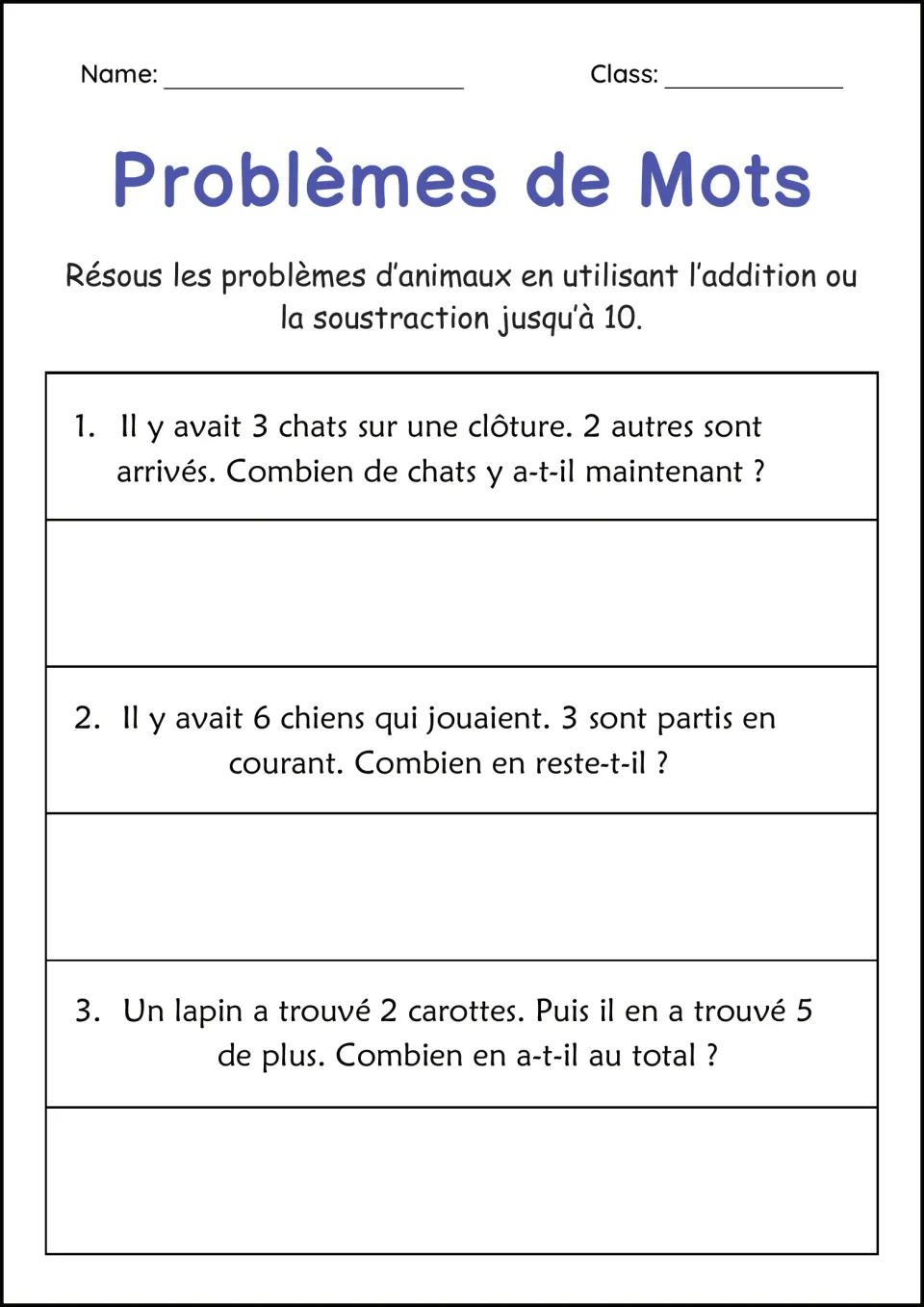 French animal word problems within 10: students add or subtract to solve 3 stories about cats, dogs and a rabbit