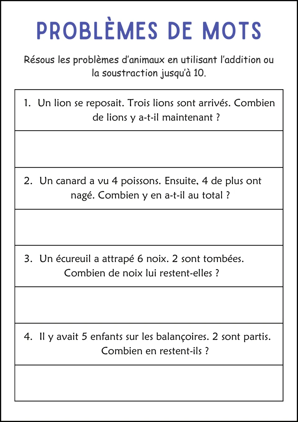 French animal word problems: students add or subtract within 10 for lions, a duck, a squirrel and children on swings