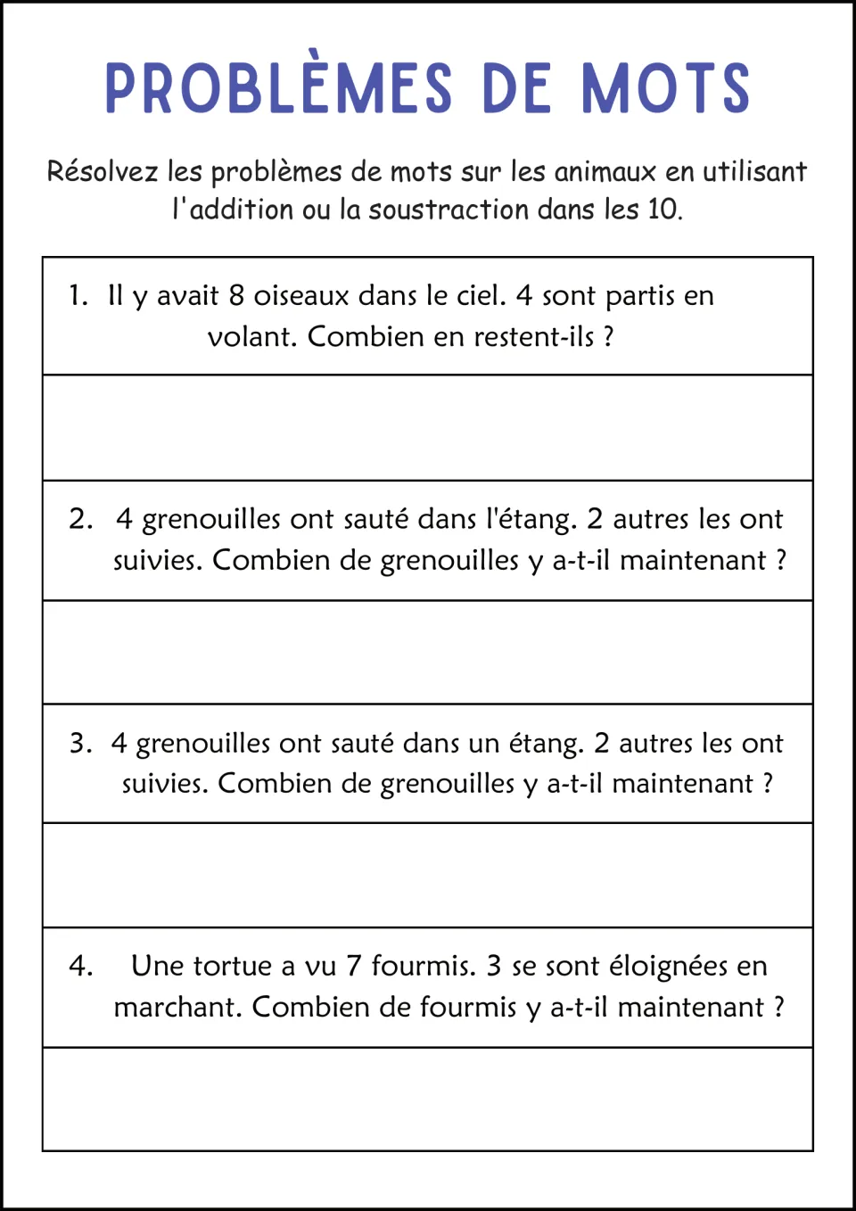 Problèmes de mots in French: 4 animal stories on birds, frogs and ants, solved by adding or subtracting within 10