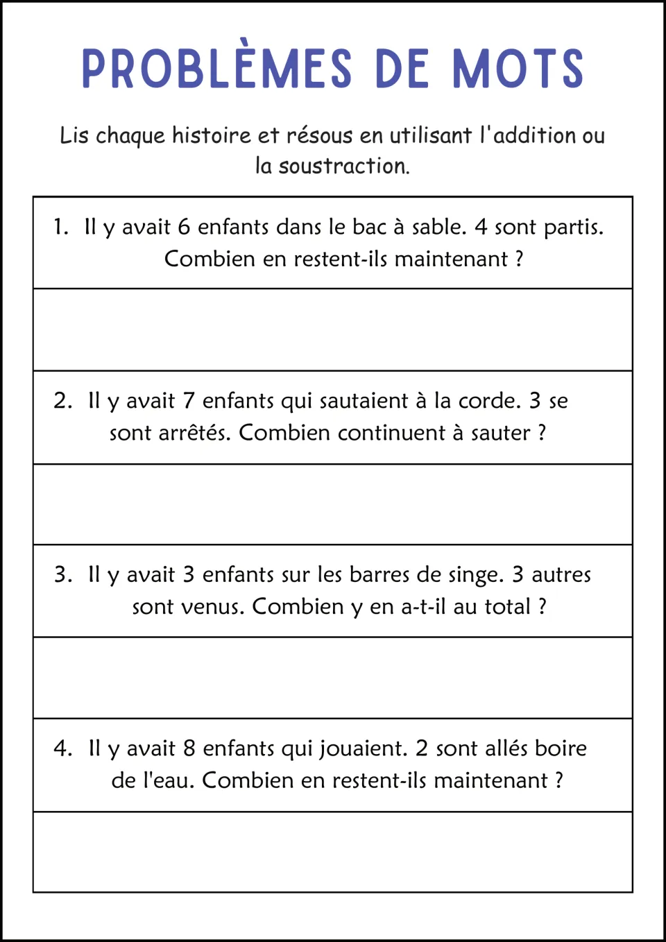 Playground word problems in French: students solve 4 stories about children in a sandbox, jump rope and monkey bars