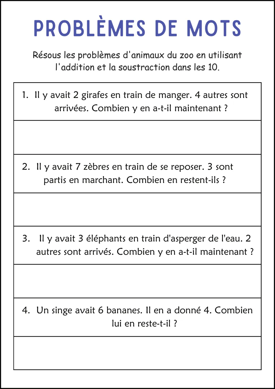 Zoo animal word problems in French: students add or subtract within 10 with giraffes, zebras, elephants and a monkey