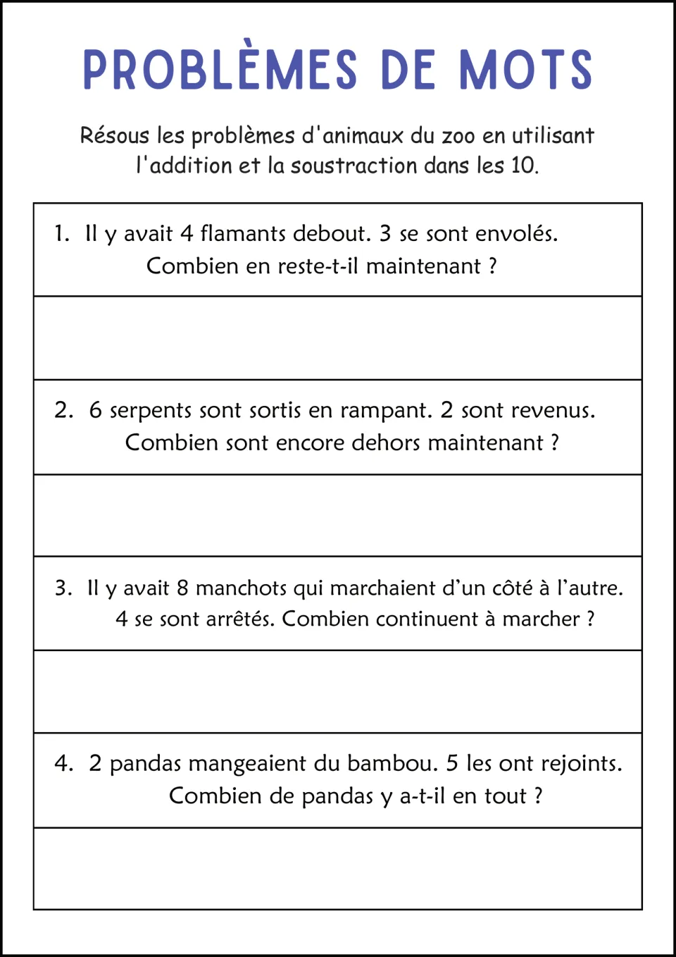 More zoo word problems in French: flamingos, snakes, penguins and pandas in 4 addition and subtraction stories to 10
