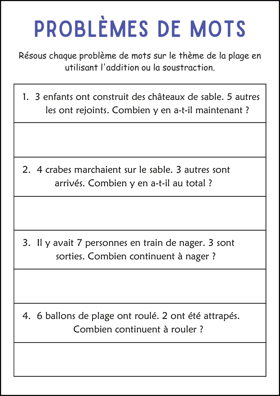 Beach-themed word problems in French: sandcastles, crabs, swimmers and beach balls in 4 add-or-subtract stories