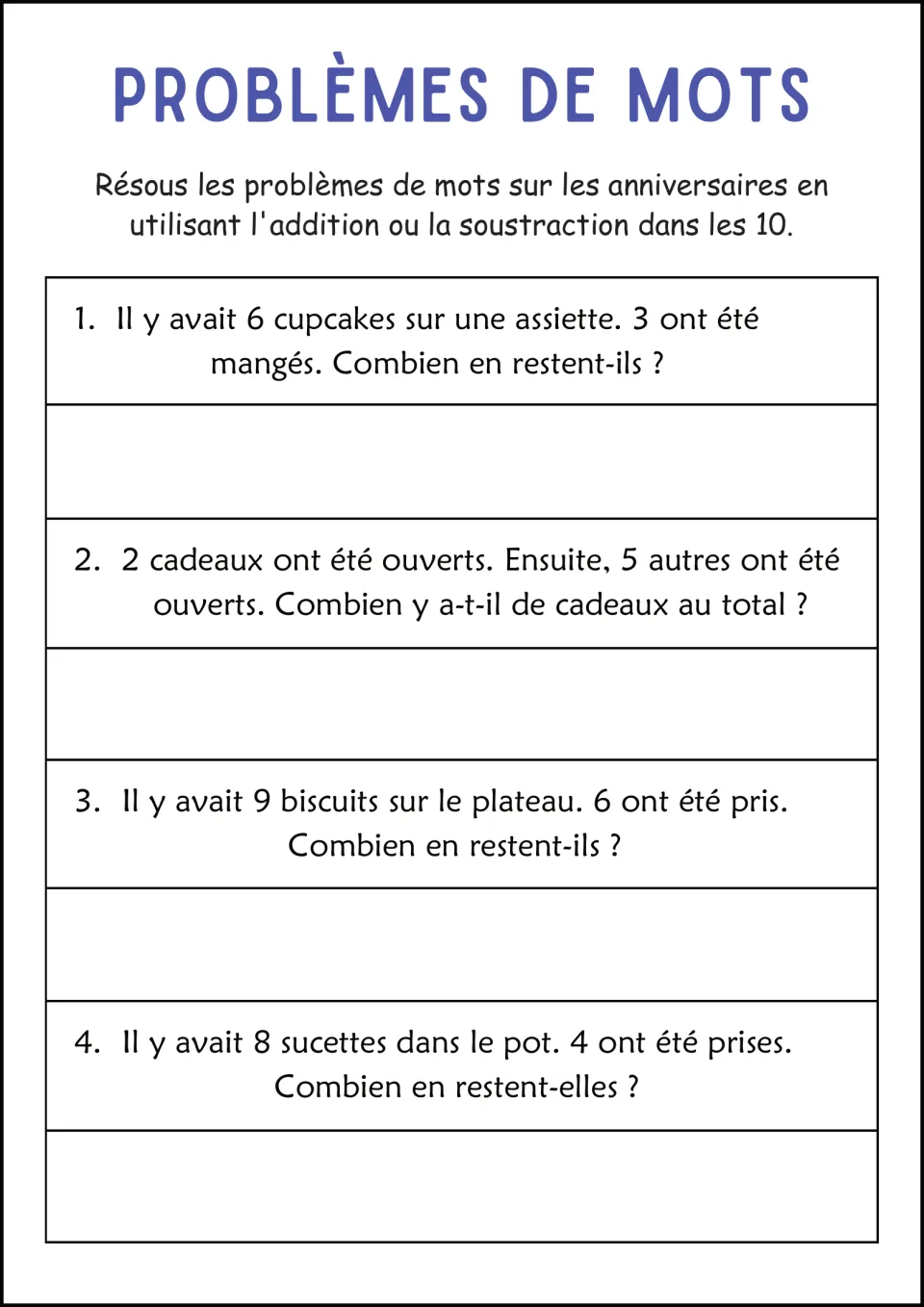 Birthday word problems in French: students add or subtract within 10 with cupcakes, presents, cookies and lollipops